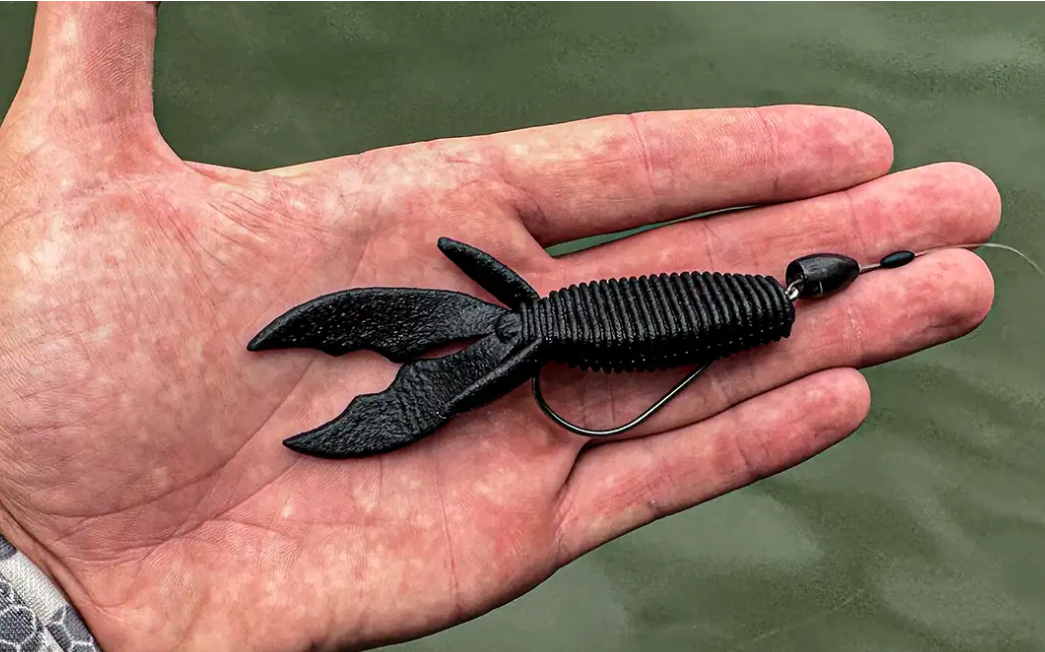 Weighted soft-plastic rig and hook shown in a hand