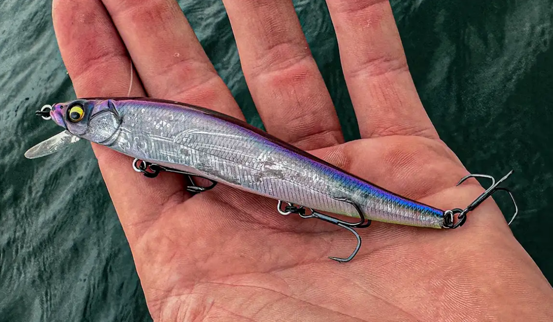 Silver minnow-shaped lure with treble hooks held over the water