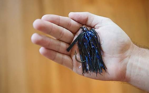 Black and blue skirted fishing jig held in a hand